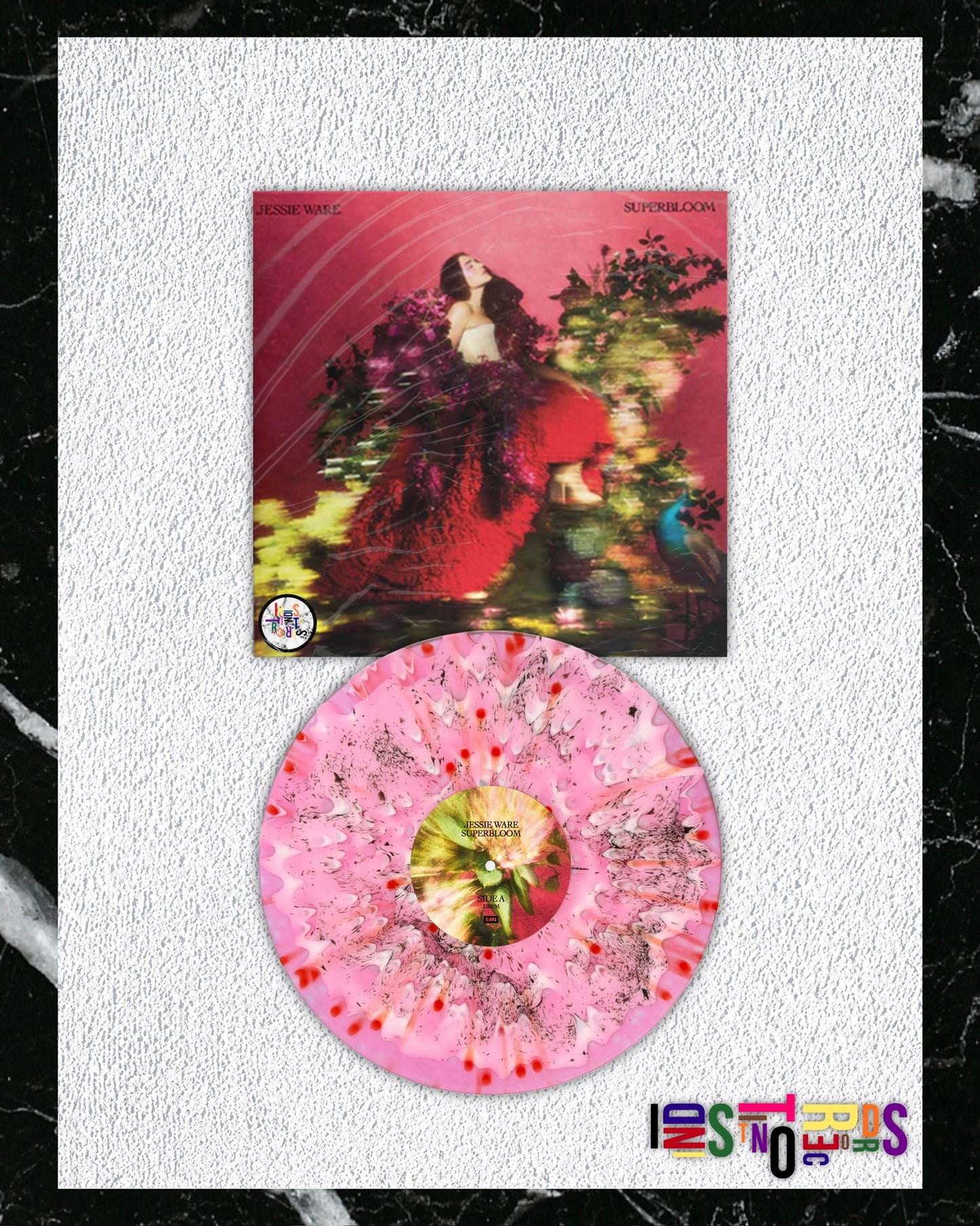 JESSIE WARE 💐 SUPERBLOOM 🩷 TRANSLUCENT PALE PINK WITH RED, WHITE & CLEAR SPLATTER VINYL 💐